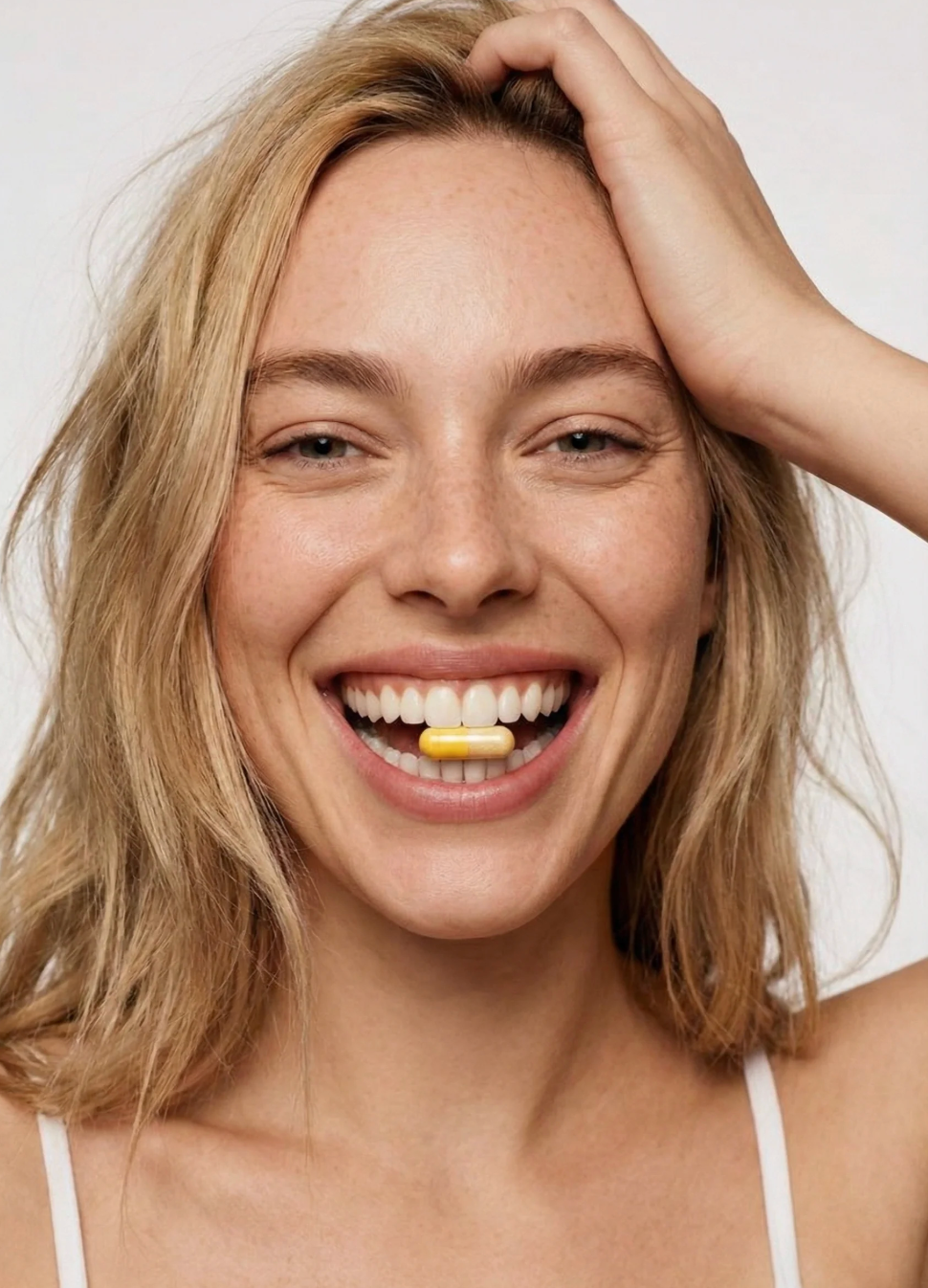 Mujer feliz con un suplemento de SANA Nutrients