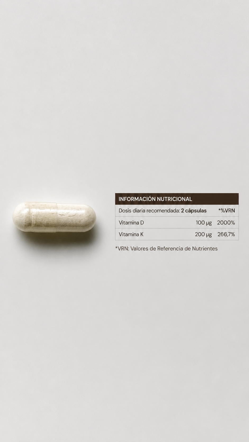 Vitamina D3 vegana y vitamina K2 biodisponible con información nutricional para apoyar huesos, defensas y absorción del calcio en mujeres